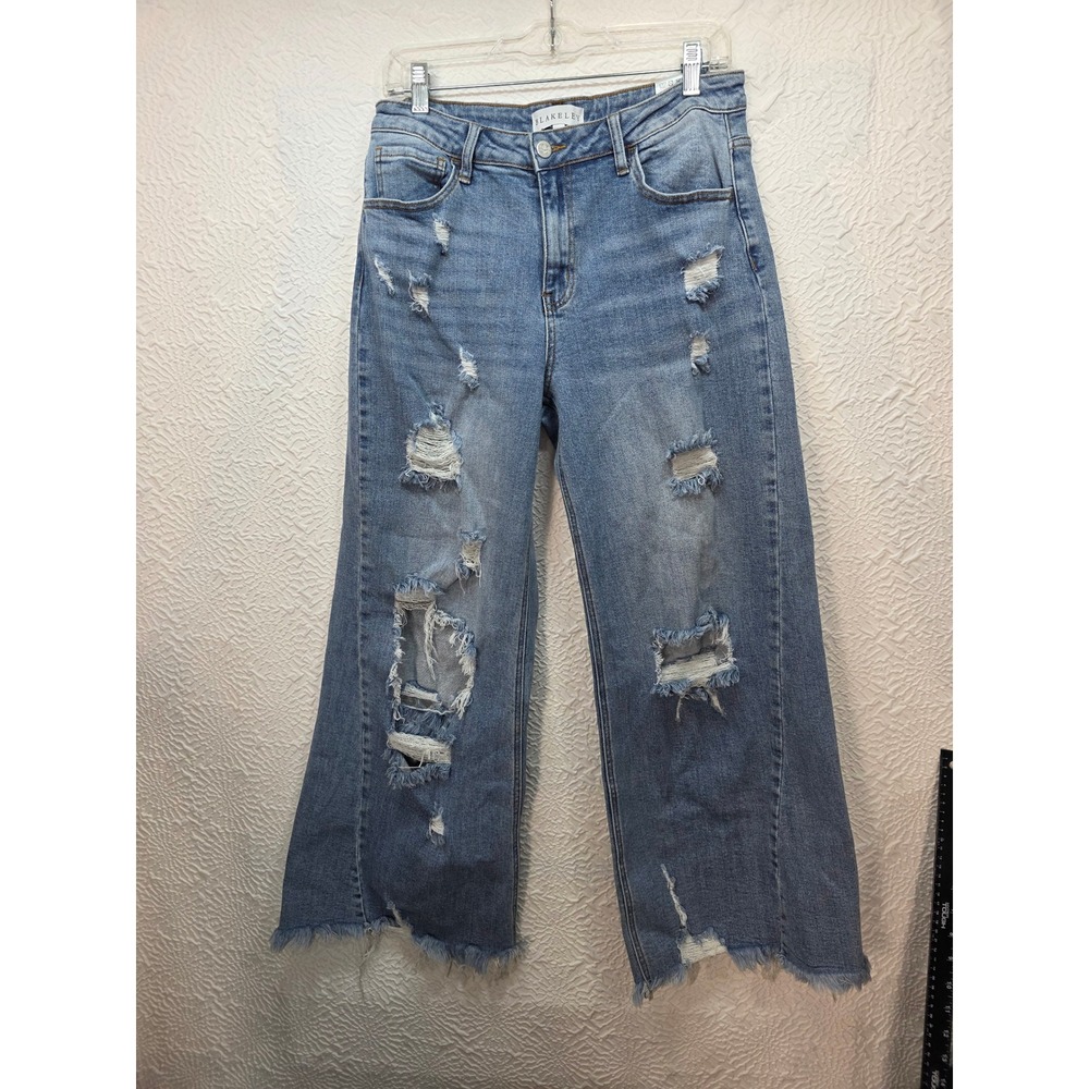 Blakeley Distressed Wide Leg Jeans Women Size 11 Med Wash Ripped Raw Hem BLP5106